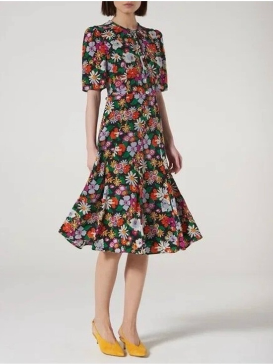 LK Bennett Dresses & Skirts - LK Bennett Silk Black Floral Midi Dress with Green, White, Orange, Pink Accents